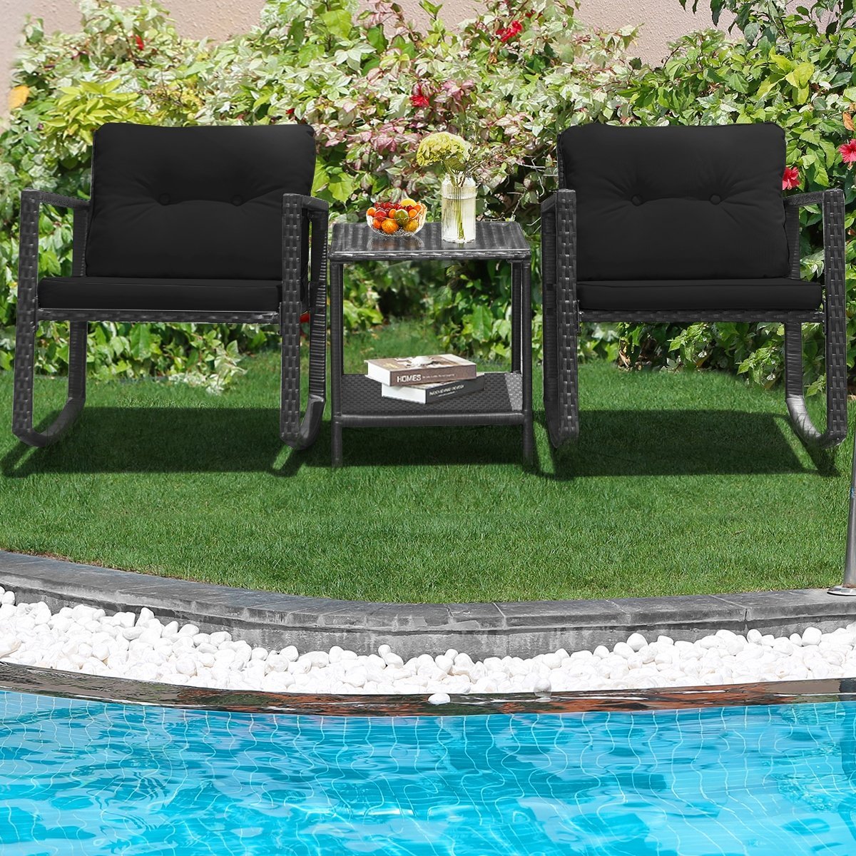 3 Pieces Cushioned Patio Rattan Set with Rocking Chair and Table, Black Patio Conversation Sets   at Gallery Canada