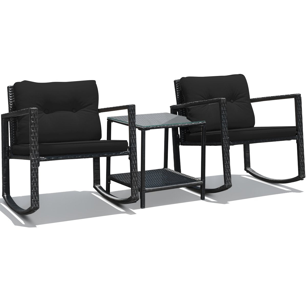 3 Pieces Cushioned Patio Rattan Set with Rocking Chair and Table, Black Patio Conversation Sets   at Gallery Canada