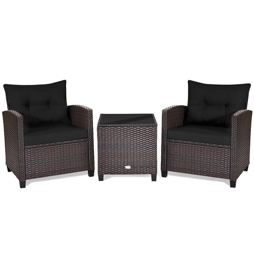 3 Pieces Cushioned Rattan Patio Conversation Set with Coffee Table, Black