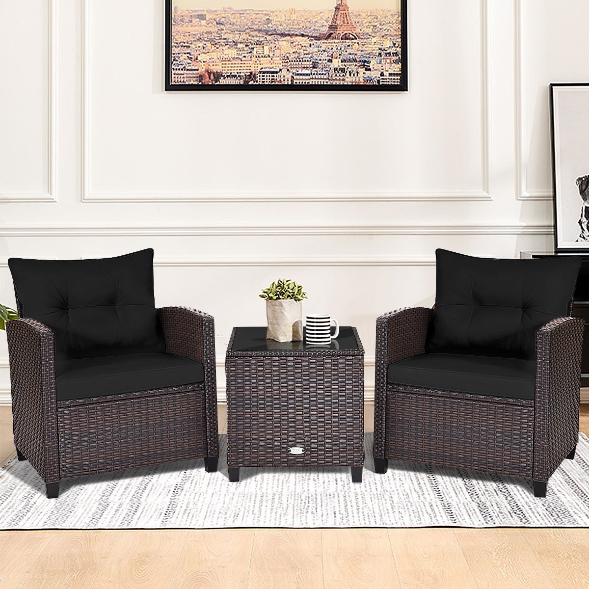 3 Pieces Cushioned Rattan Patio Conversation Set with Coffee Table, Black Patio Conversation Sets   at Gallery Canada