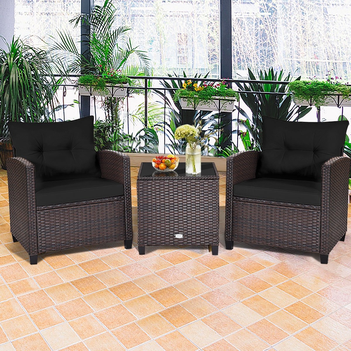 3 Pieces Cushioned Rattan Patio Conversation Set with Coffee Table, Black Patio Conversation Sets   at Gallery Canada