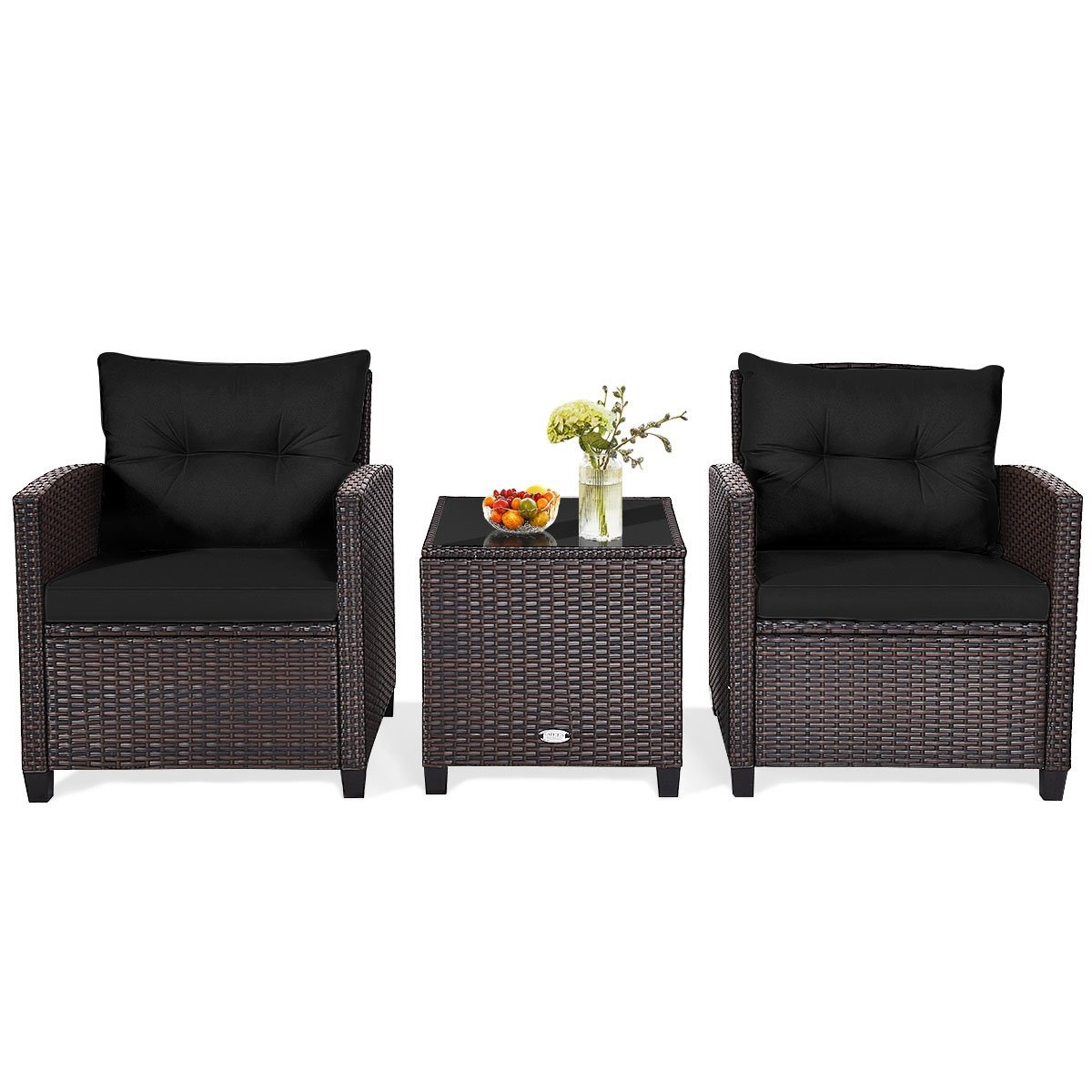 3 Pieces Cushioned Rattan Patio Conversation Set with Coffee Table, Black Patio Conversation Sets   at Gallery Canada