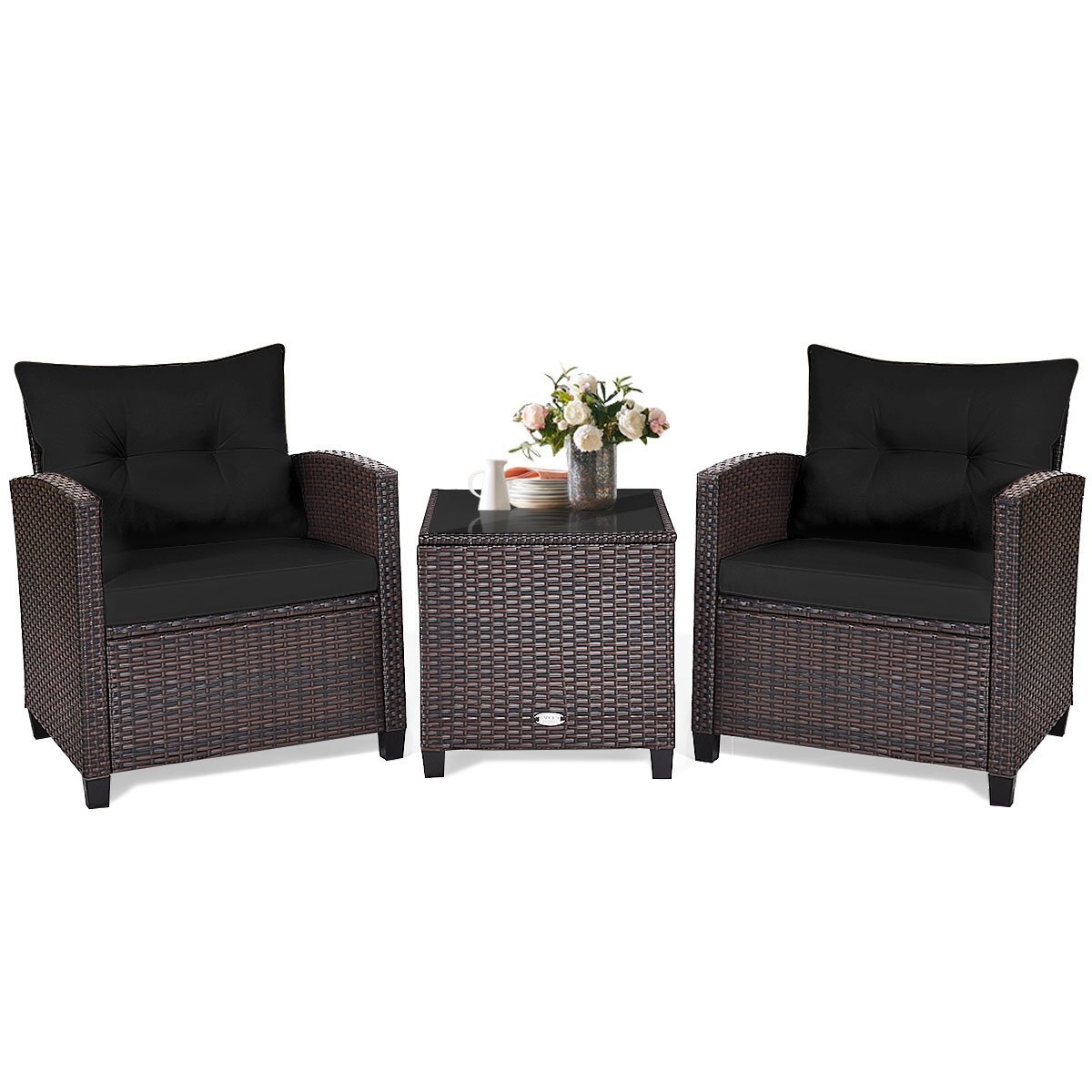 3 Pieces Cushioned Rattan Patio Conversation Set with Coffee Table, Black Patio Conversation Sets   at Gallery Canada