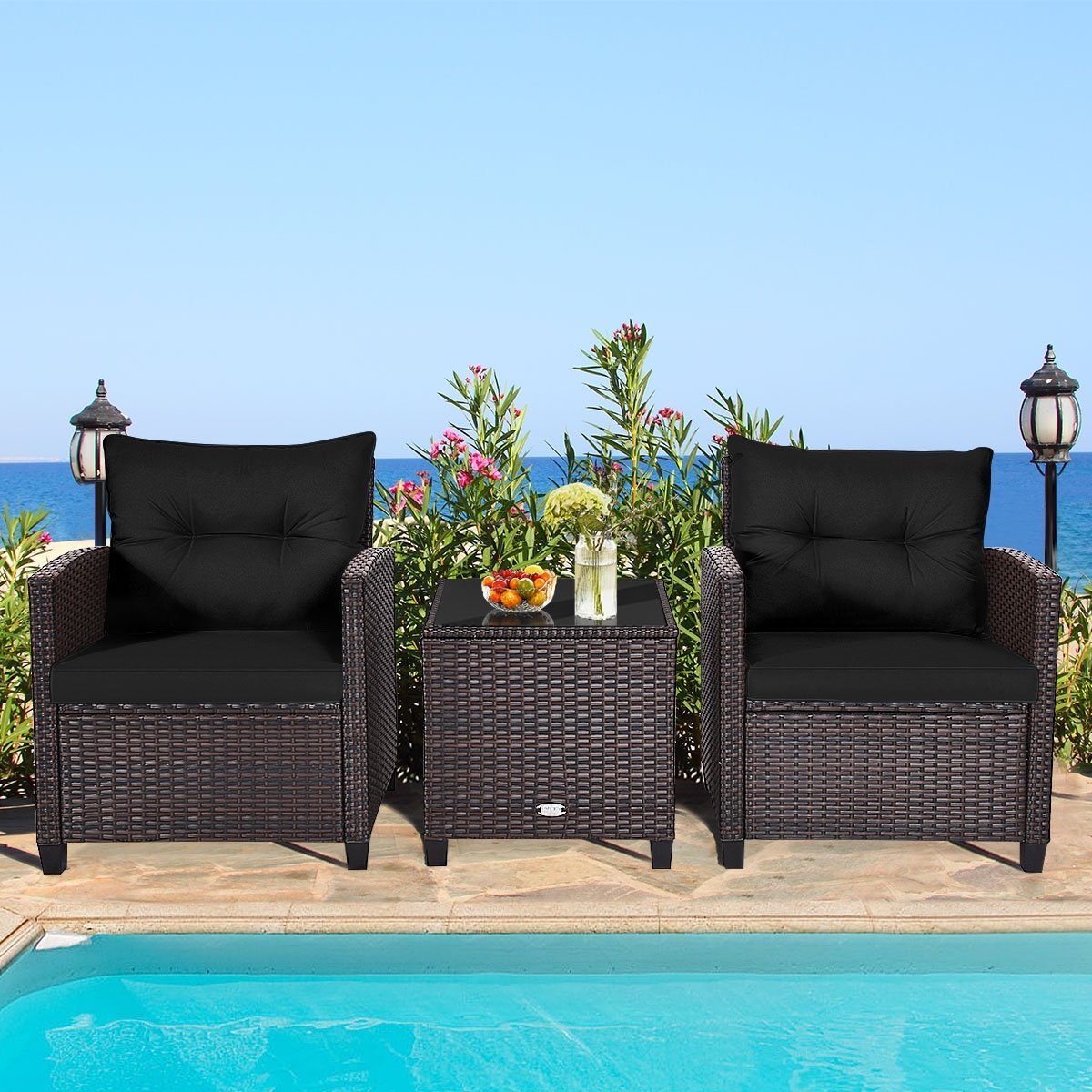 3 Pieces Cushioned Rattan Patio Conversation Set with Coffee Table, Black Patio Conversation Sets   at Gallery Canada