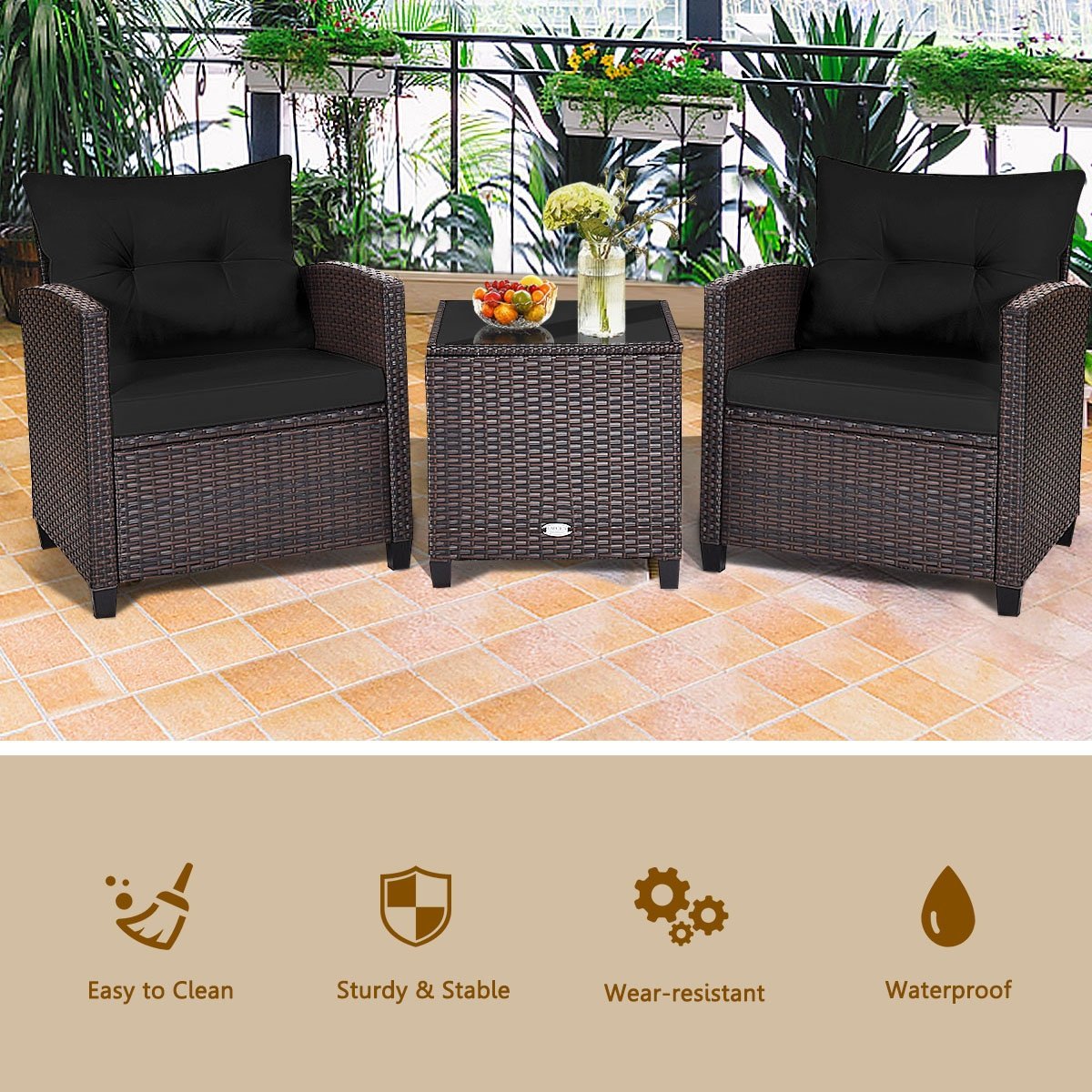 3 Pieces Cushioned Rattan Patio Conversation Set with Coffee Table, Black Patio Conversation Sets   at Gallery Canada