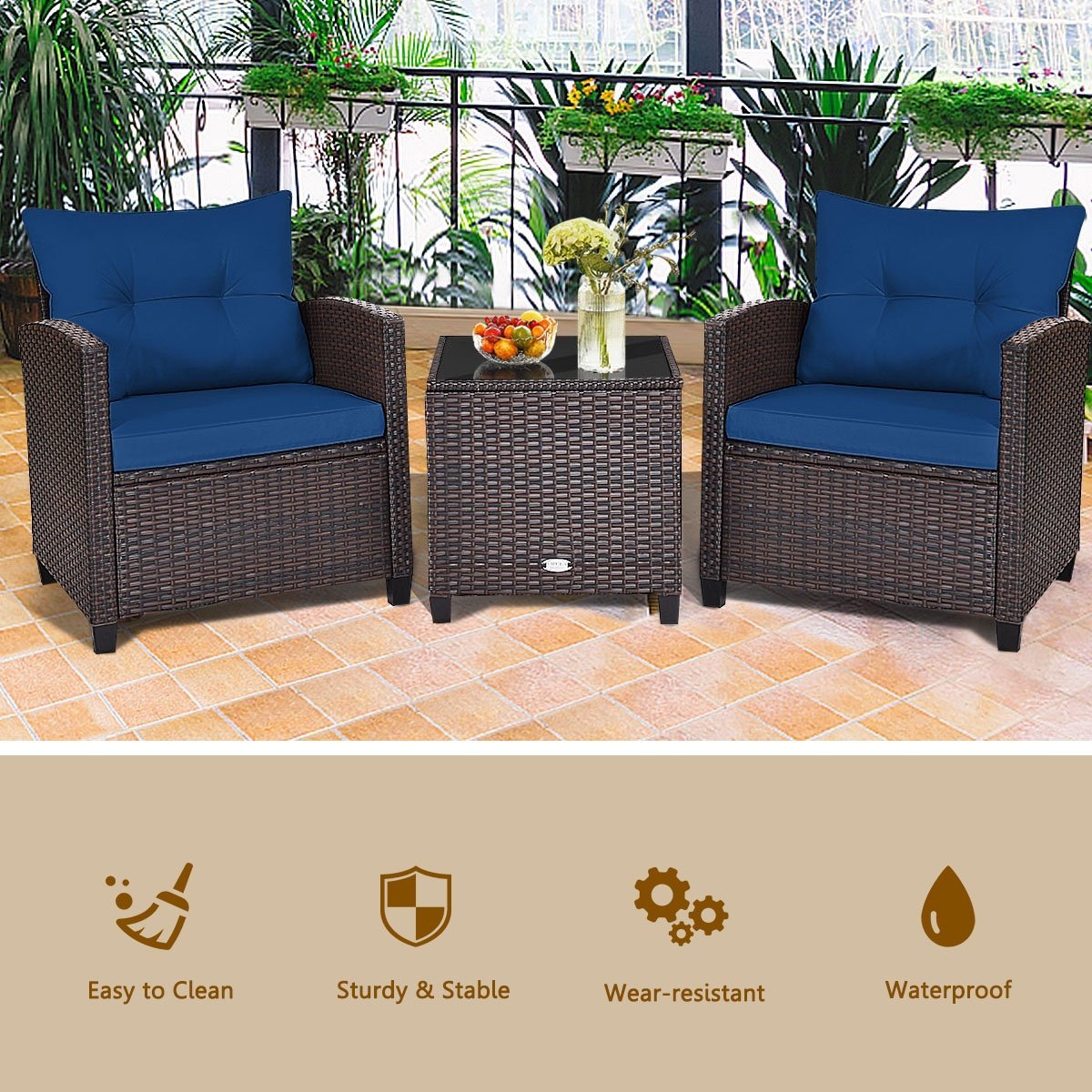 3 Pieces Cushioned Rattan Patio Conversation Set with Coffee Table, Navy Patio Conversation Sets   at Gallery Canada