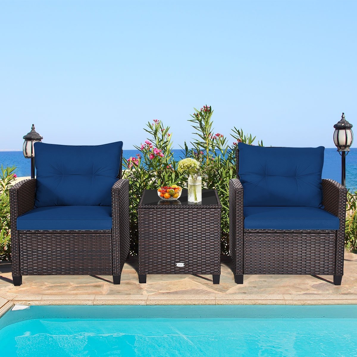 3 Pieces Cushioned Rattan Patio Conversation Set with Coffee Table, Navy Patio Conversation Sets   at Gallery Canada