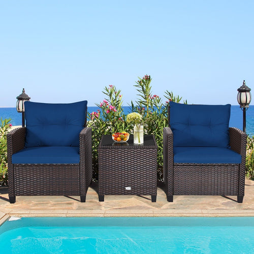 3 Pieces Cushioned Rattan Patio Conversation Set with Coffee Table, Navy