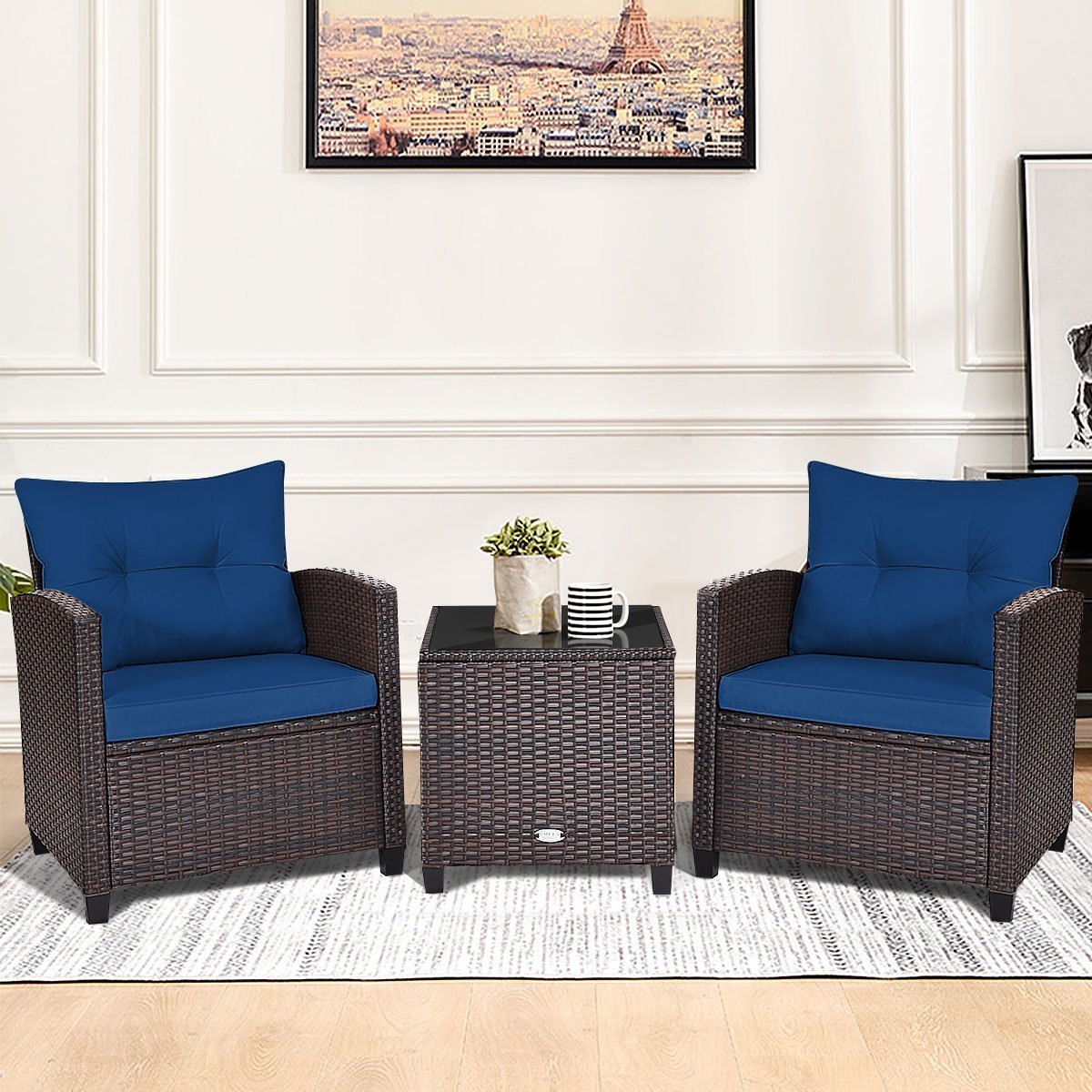 3 Pieces Cushioned Rattan Patio Conversation Set with Coffee Table, Navy Patio Conversation Sets   at Gallery Canada