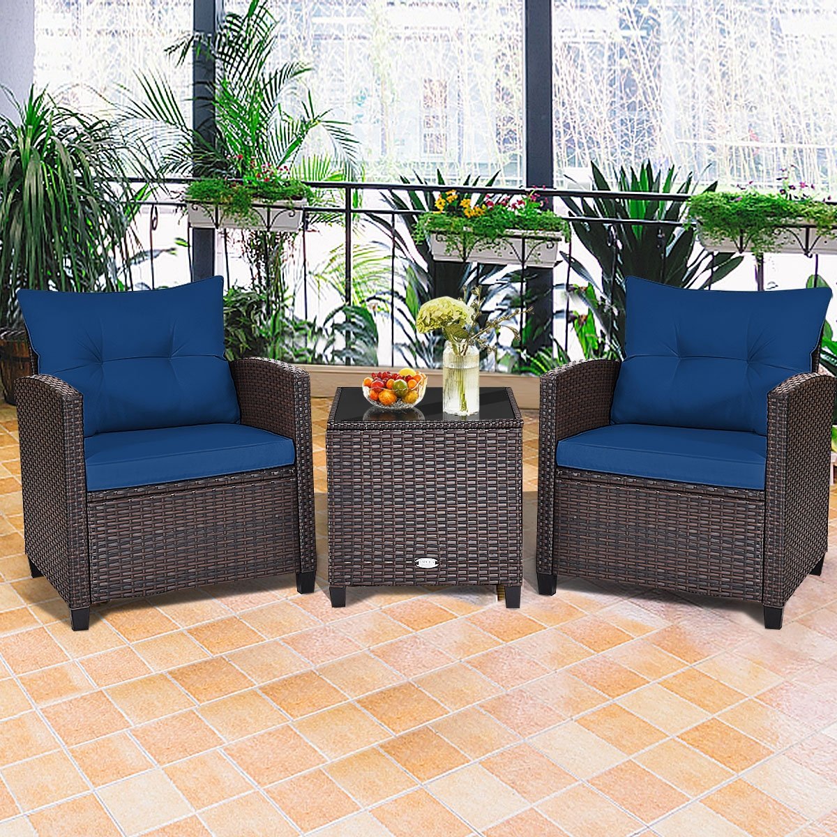 3 Pieces Cushioned Rattan Patio Conversation Set with Coffee Table, Navy Patio Conversation Sets   at Gallery Canada