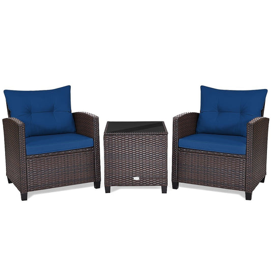 3 Pieces Cushioned Rattan Patio Conversation Set with Coffee Table, Navy Patio Conversation Sets   at Gallery Canada