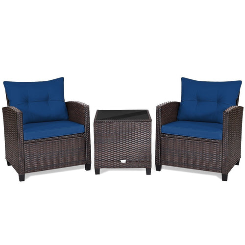 3 Pieces Cushioned Rattan Patio Conversation Set with Coffee Table, Navy