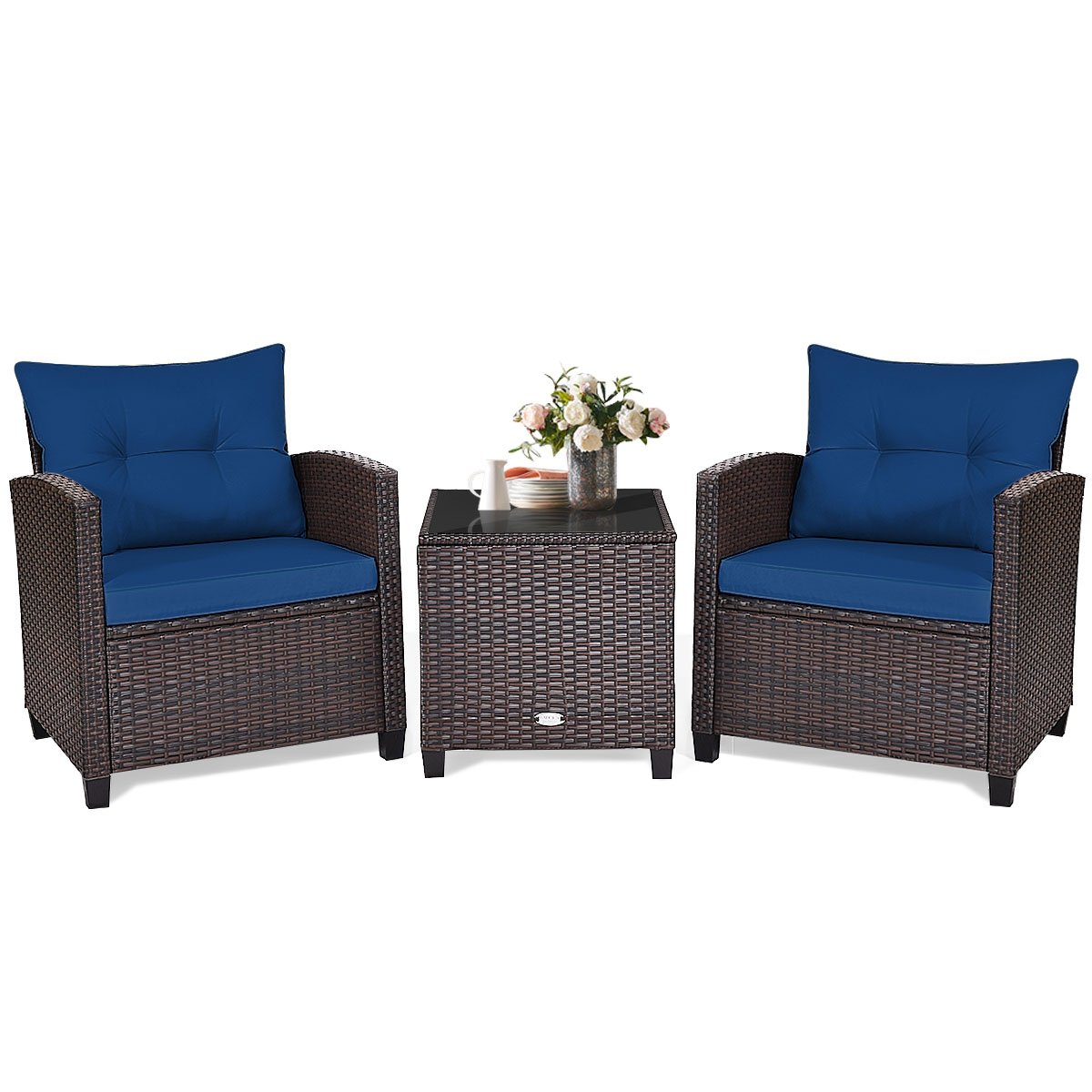 3 Pieces Cushioned Rattan Patio Conversation Set with Coffee Table, Navy Patio Conversation Sets   at Gallery Canada