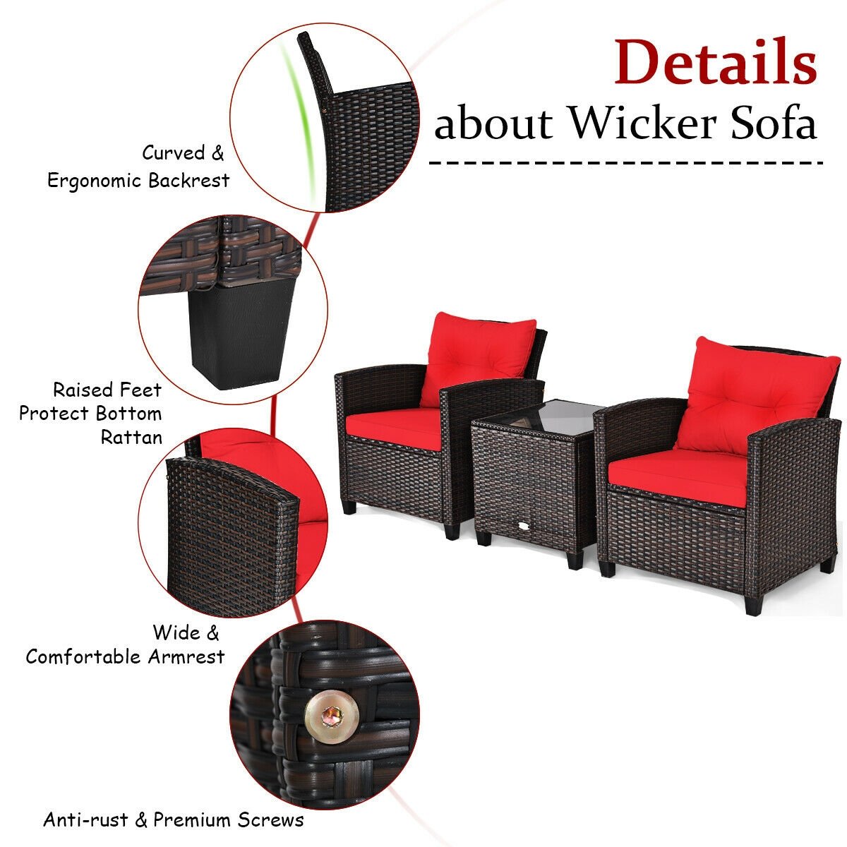 3 Pieces Cushioned Rattan Patio Conversation Set with Coffee Table, Red Patio Conversation Sets   at Gallery Canada