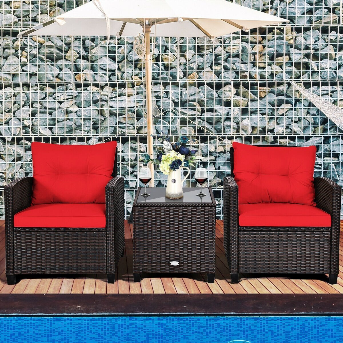 3 Pieces Cushioned Rattan Patio Conversation Set with Coffee Table, Red Patio Conversation Sets   at Gallery Canada