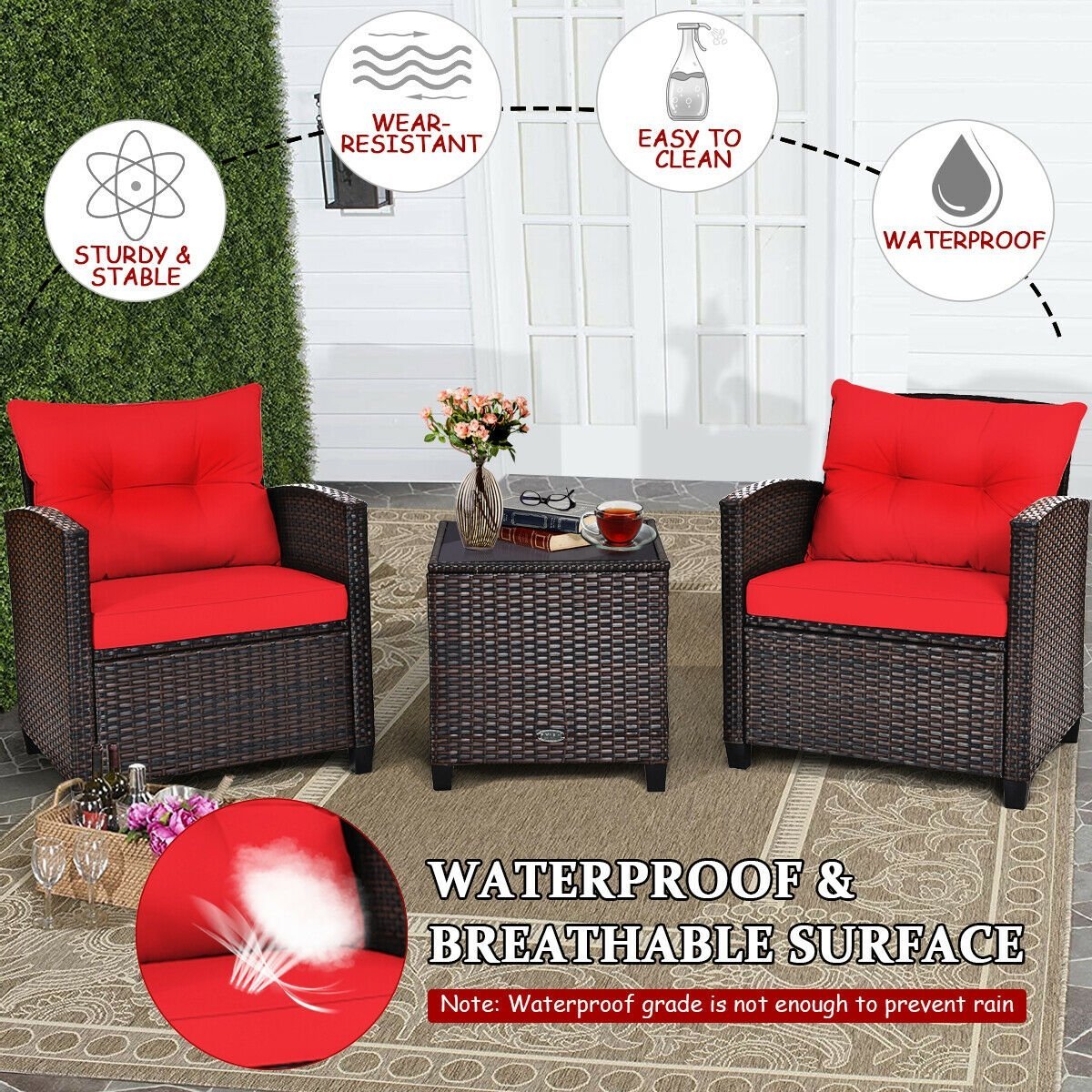 3 Pieces Cushioned Rattan Patio Conversation Set with Coffee Table, Red Patio Conversation Sets   at Gallery Canada