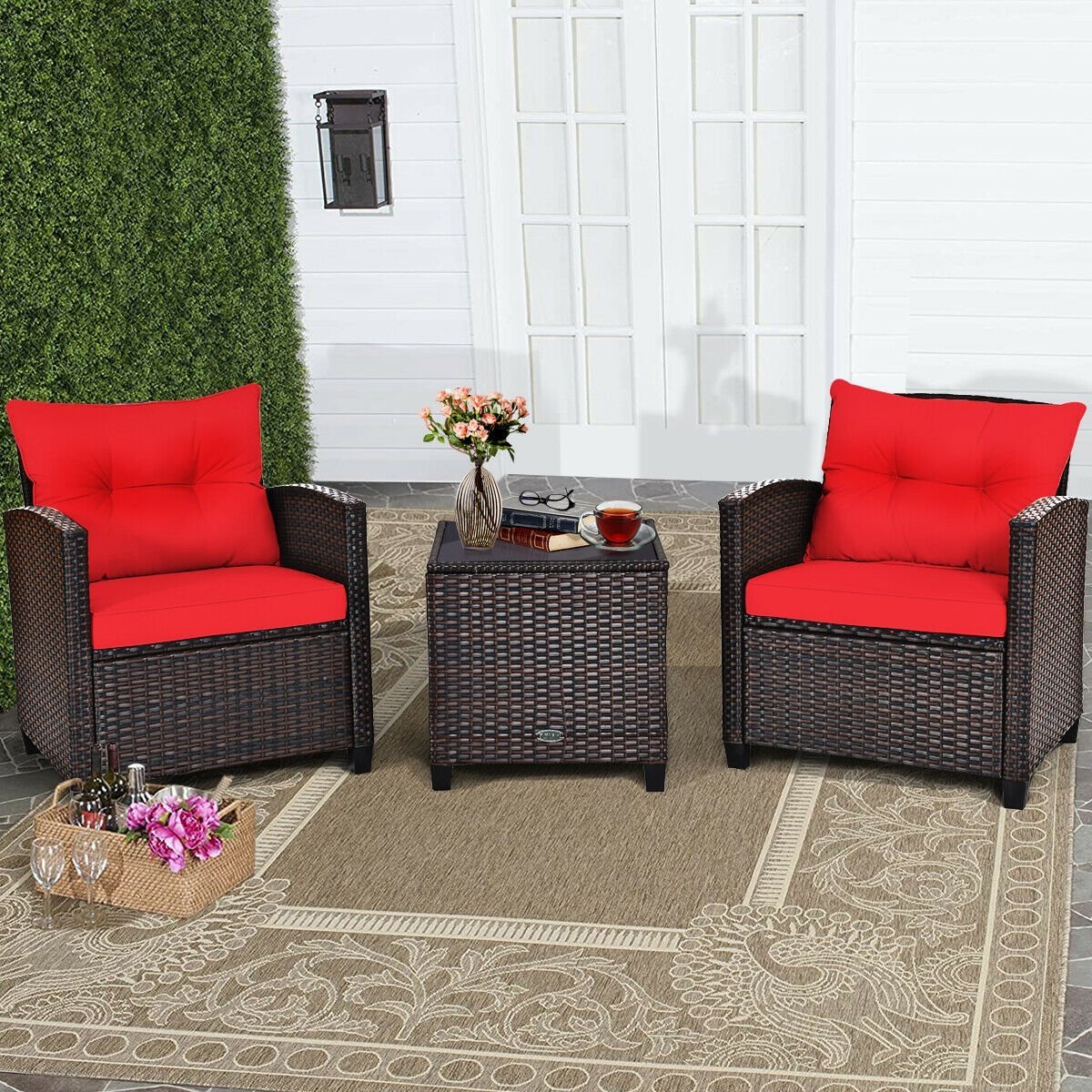 3 Pieces Cushioned Rattan Patio Conversation Set with Coffee Table, Red Patio Conversation Sets   at Gallery Canada