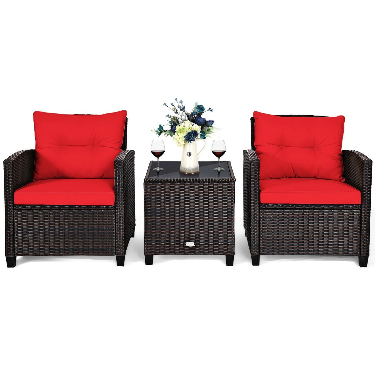 3 Pieces Cushioned Rattan Patio Conversation Set with Coffee Table, Red Patio Conversation Sets   at Gallery Canada