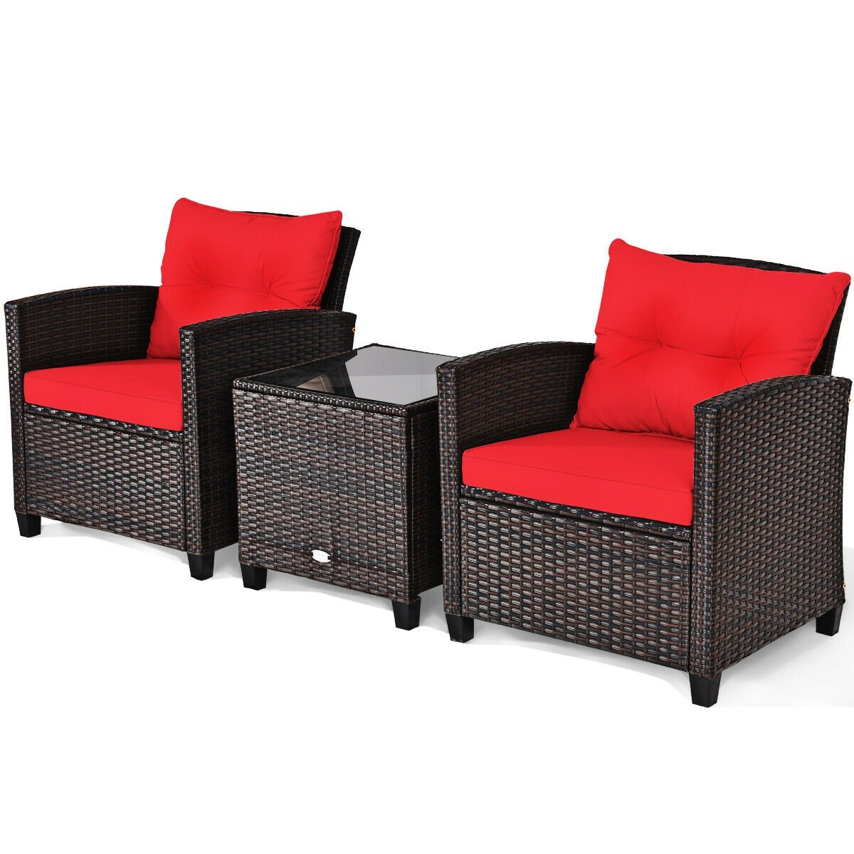 3 Pieces Cushioned Rattan Patio Conversation Set with Coffee Table, Red Patio Conversation Sets   at Gallery Canada