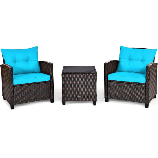 3 Pieces Cushioned Rattan Patio Conversation Set with Coffee Table, Turquoise Patio Conversation Sets   at Gallery Canada