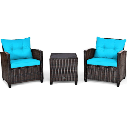 3 Pieces Cushioned Rattan Patio Conversation Set with Coffee Table, Turquoise