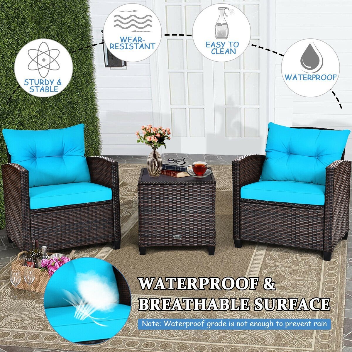 3 Pieces Cushioned Rattan Patio Conversation Set with Coffee Table, Turquoise Patio Conversation Sets   at Gallery Canada