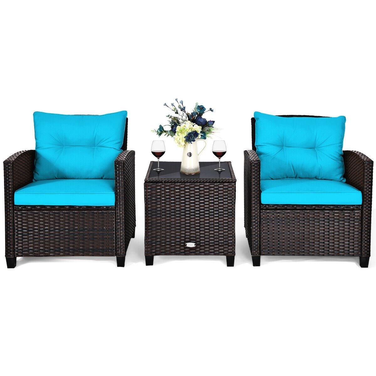 3 Pieces Cushioned Rattan Patio Conversation Set with Coffee Table, Turquoise Patio Conversation Sets   at Gallery Canada