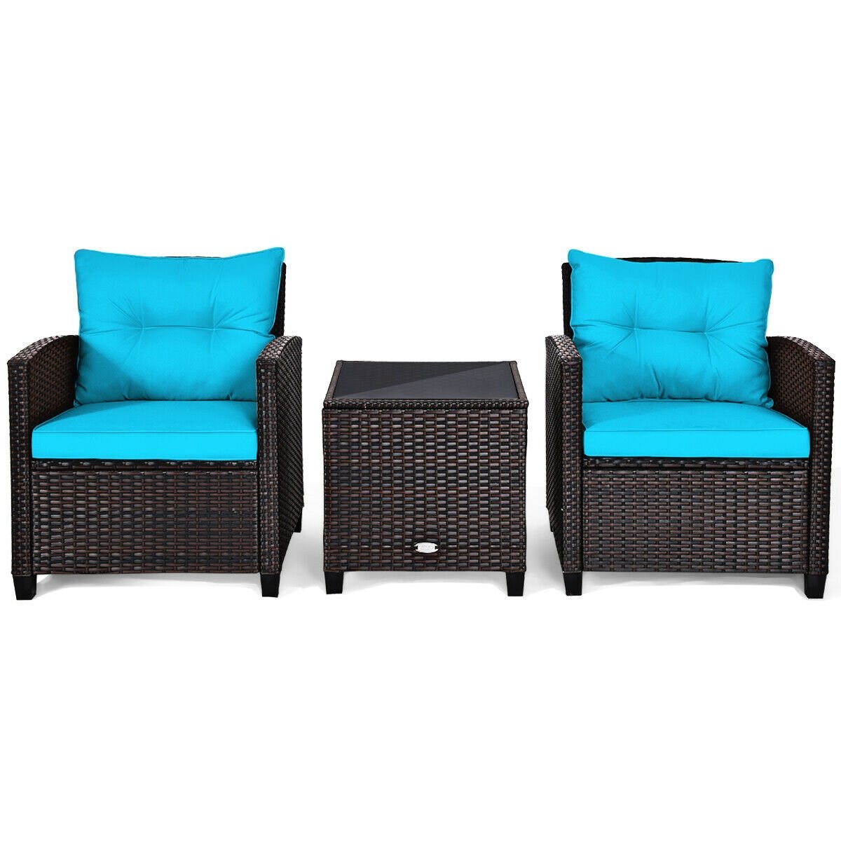 3 Pieces Cushioned Rattan Patio Conversation Set with Coffee Table, Turquoise Patio Conversation Sets   at Gallery Canada