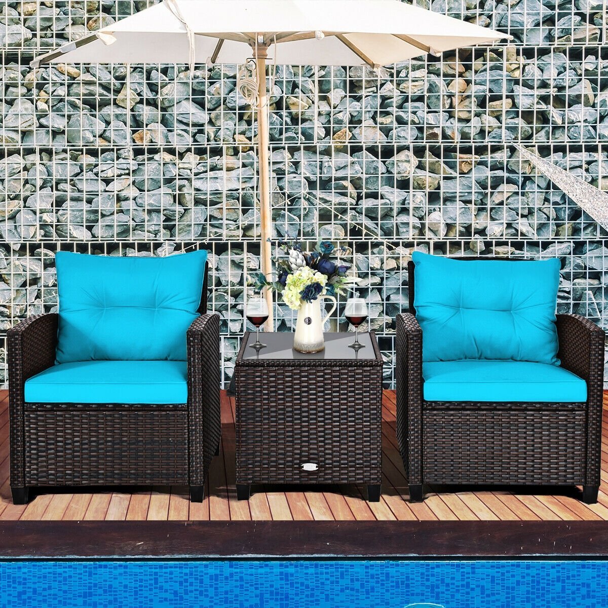 3 Pieces Cushioned Rattan Patio Conversation Set with Coffee Table, Turquoise Patio Conversation Sets   at Gallery Canada