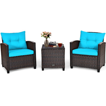 3 Pieces Cushioned Rattan Patio Conversation Set with Coffee Table, Turquoise Patio Conversation Sets   at Gallery Canada