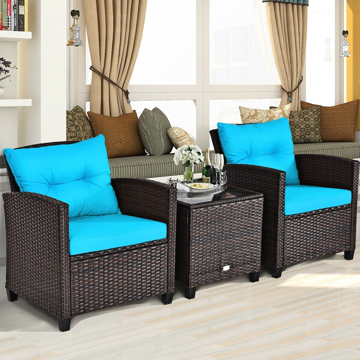 3 Pieces Cushioned Rattan Patio Conversation Set with Coffee Table, Turquoise Patio Conversation Sets   at Gallery Canada