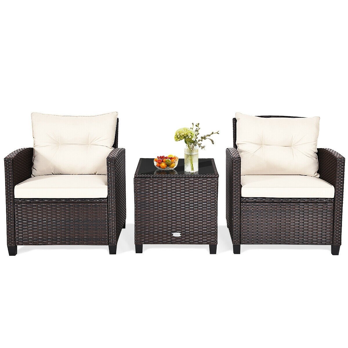 3 Pieces Cushioned Rattan Patio Conversation Set with Coffee Table, White Patio Conversation Sets   at Gallery Canada