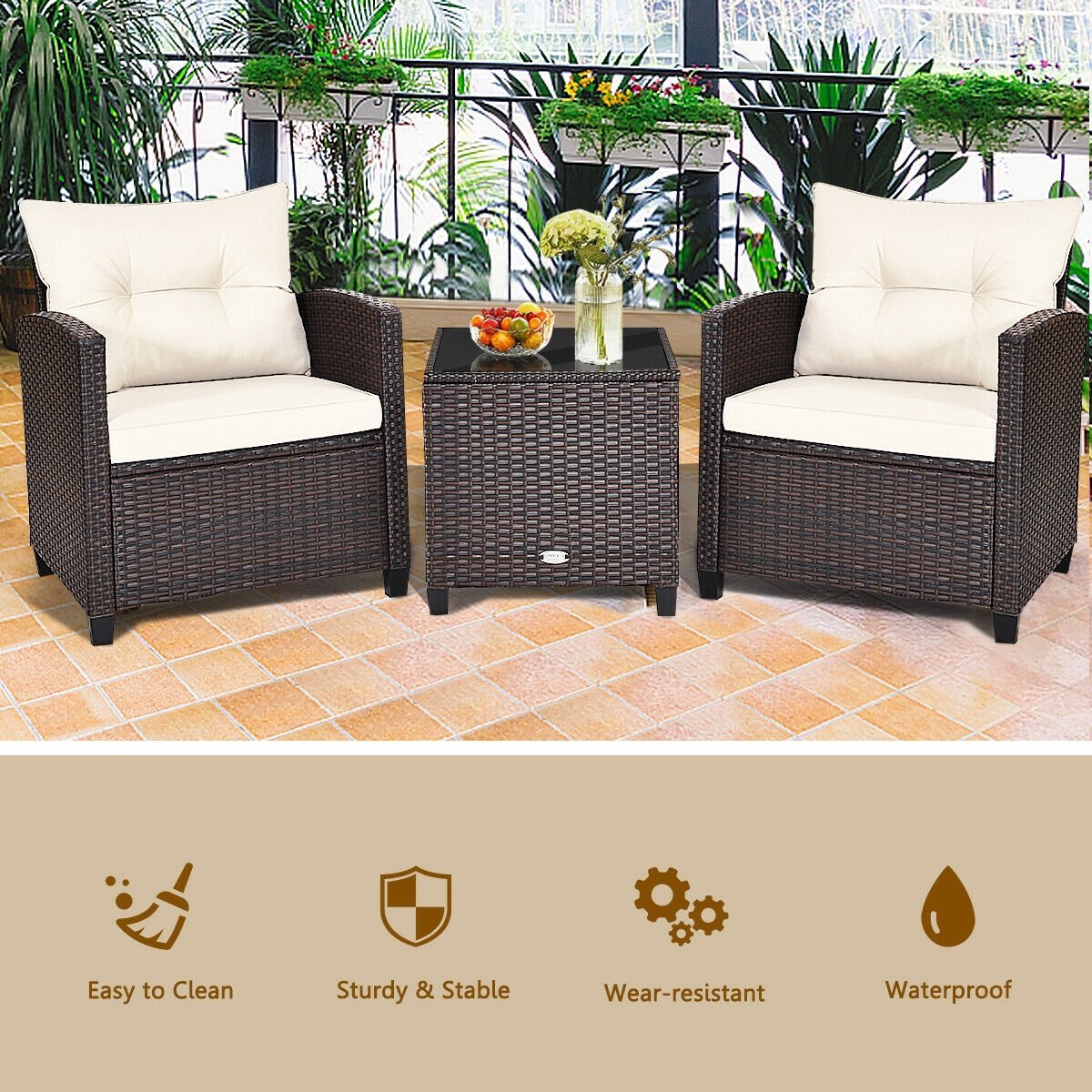 3 Pieces Cushioned Rattan Patio Conversation Set with Coffee Table, White Patio Conversation Sets   at Gallery Canada