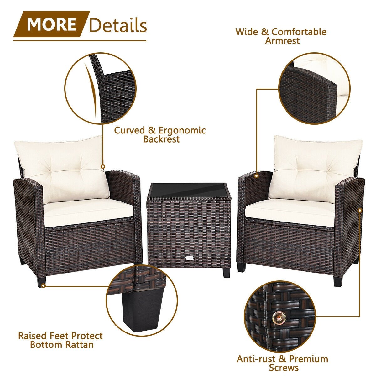 3 Pieces Cushioned Rattan Patio Conversation Set with Coffee Table, White Patio Conversation Sets   at Gallery Canada