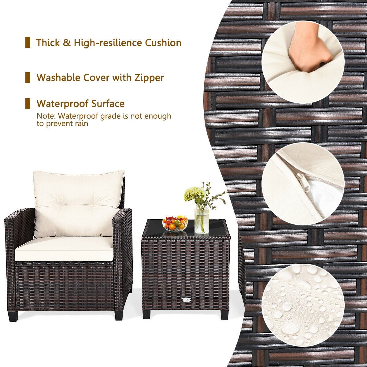 3 Pieces Cushioned Rattan Patio Conversation Set with Coffee Table, White Patio Conversation Sets   at Gallery Canada