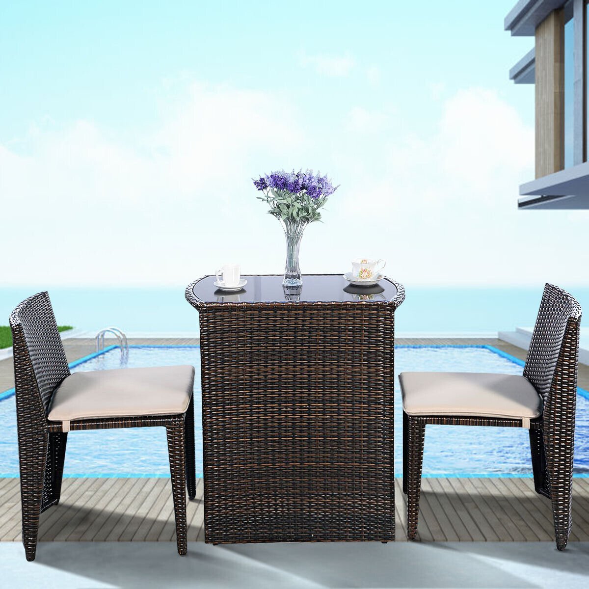 3 Pieces Cushioned Wicker Patio Bistro Set with No Assembly Needed, Black Patio Conversation Sets   at Gallery Canada