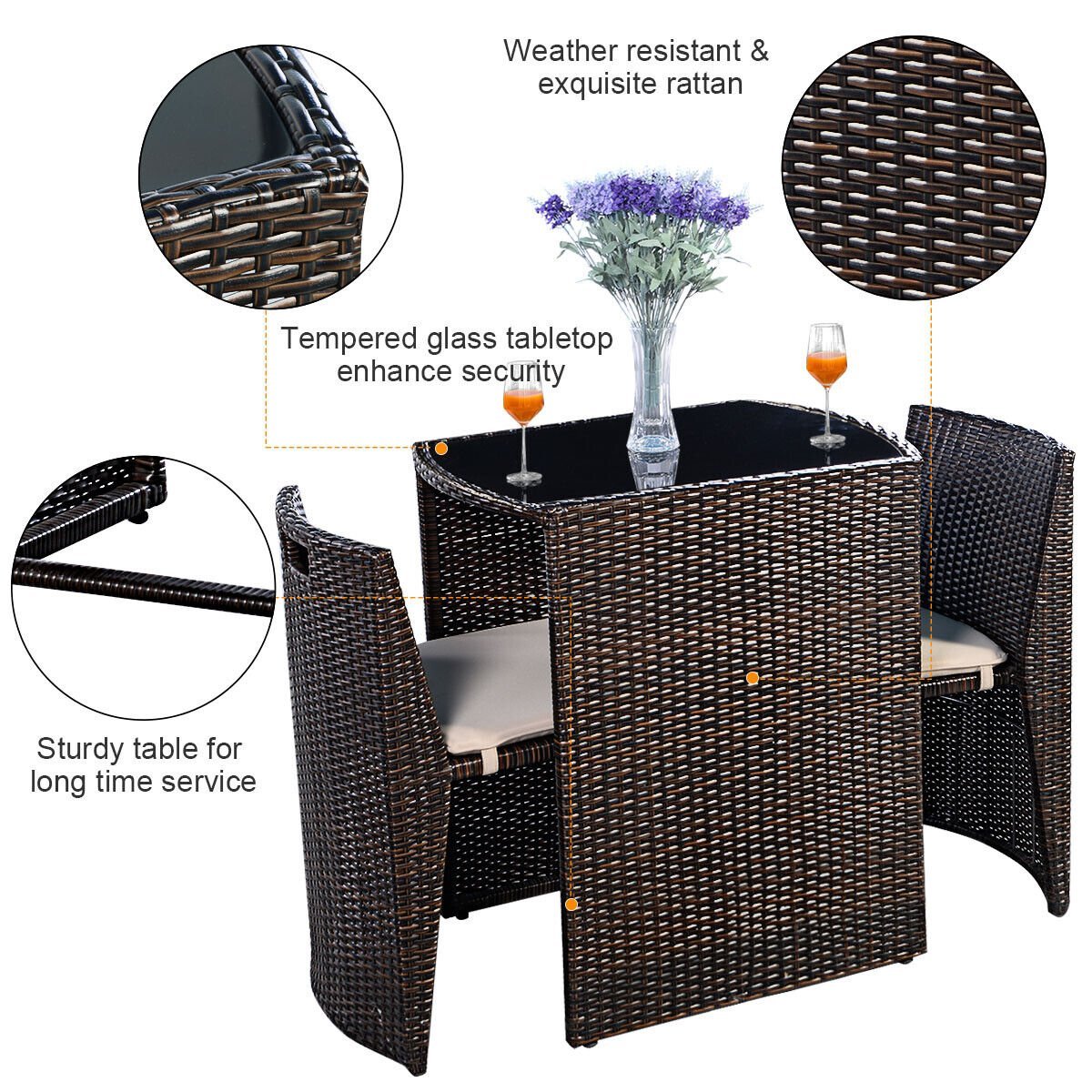 3 Pieces Cushioned Wicker Patio Bistro Set with No Assembly Needed, Black Patio Conversation Sets   at Gallery Canada