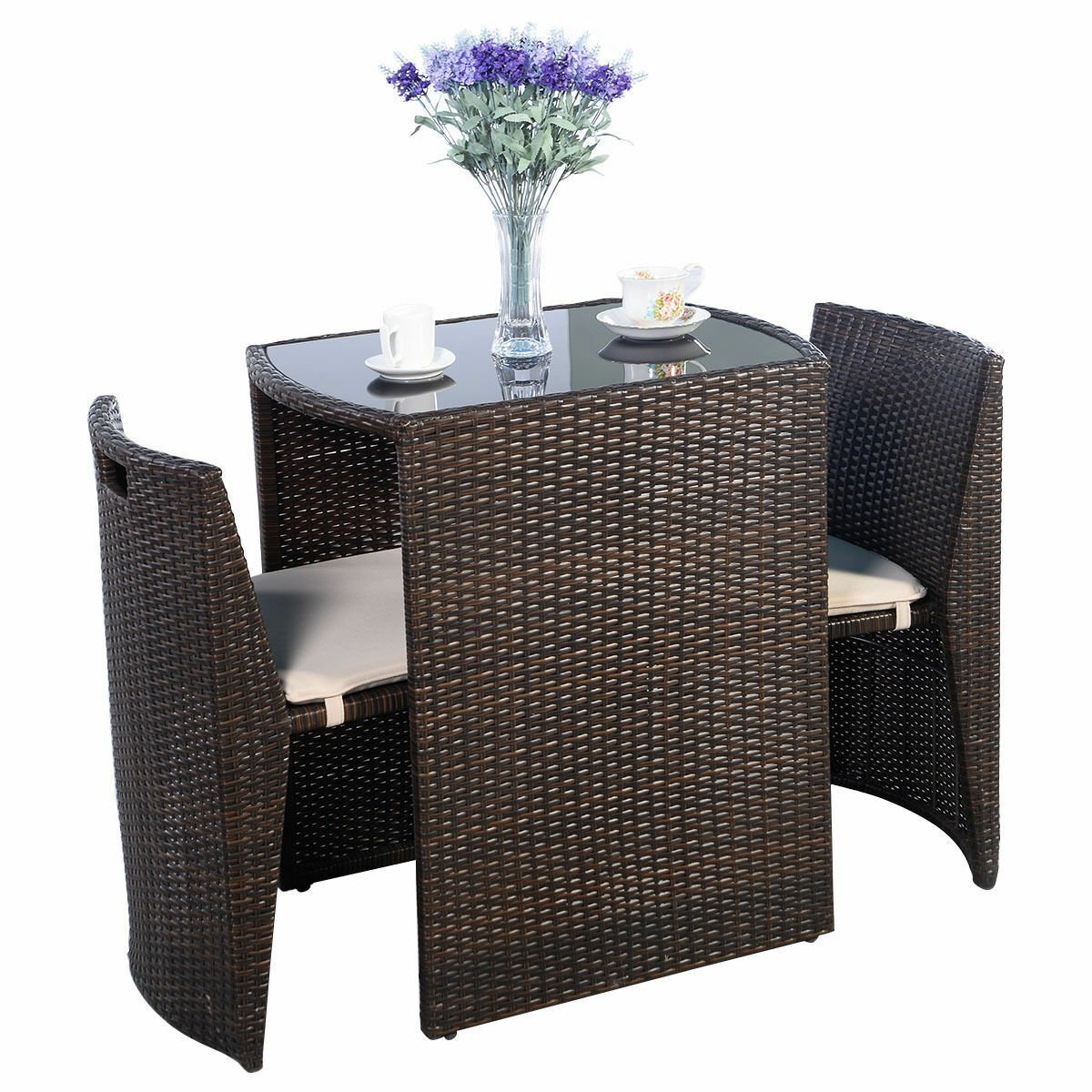 3 Pieces Cushioned Wicker Patio Bistro Set with No Assembly Needed, Black Patio Conversation Sets   at Gallery Canada