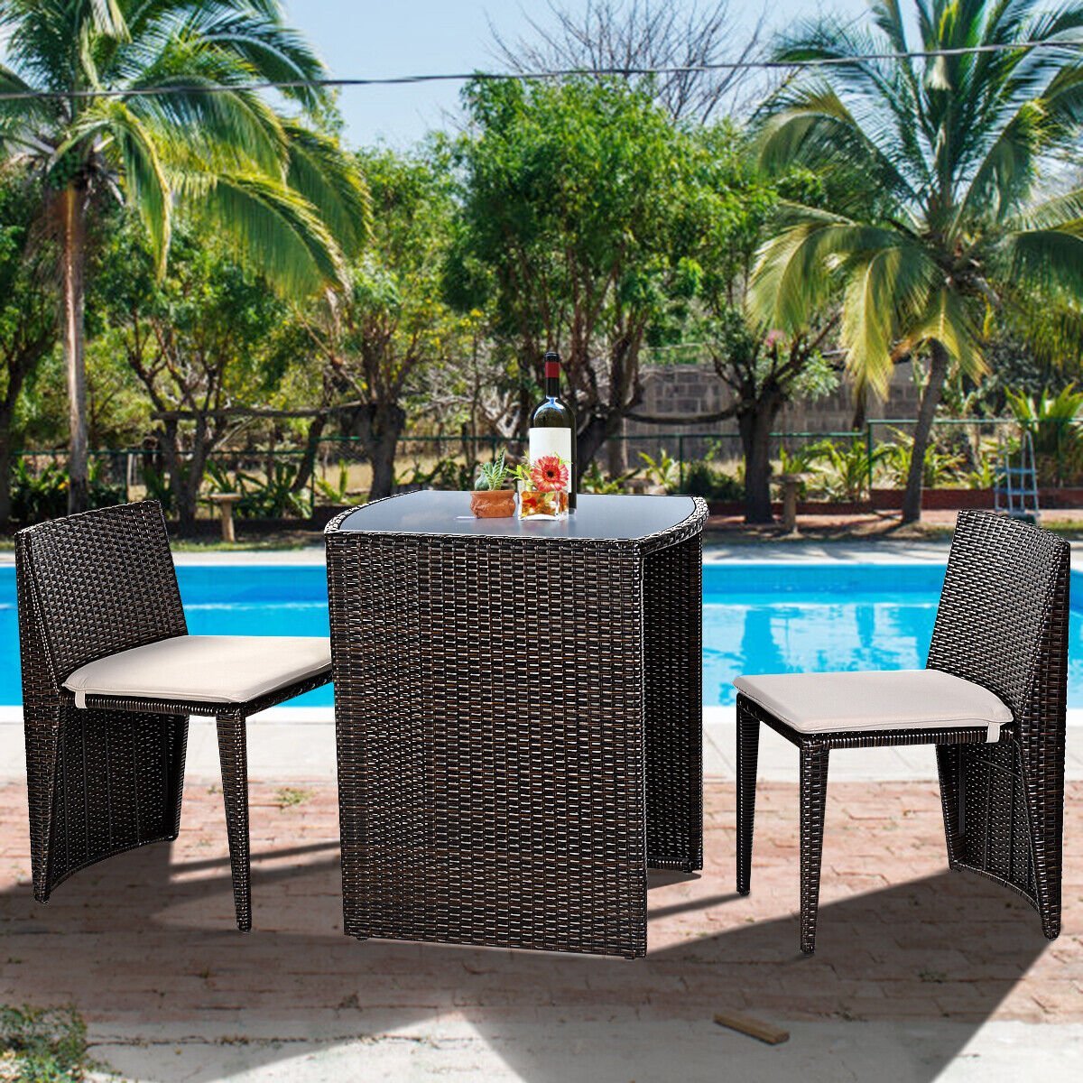 3 Pieces Cushioned Wicker Patio Bistro Set with No Assembly Needed, Black Patio Conversation Sets   at Gallery Canada