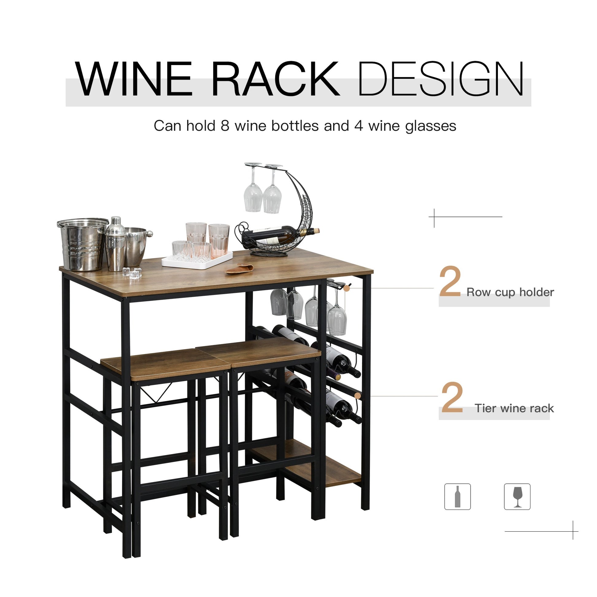 3 Pieces Dining Table and Chair Bar Bistro Set with 8-bottle Wine Rack and Cup Holder, Metal Frame for Kitchen, Dining Room, Living Room, Pub Bar Sets   at Gallery Canada