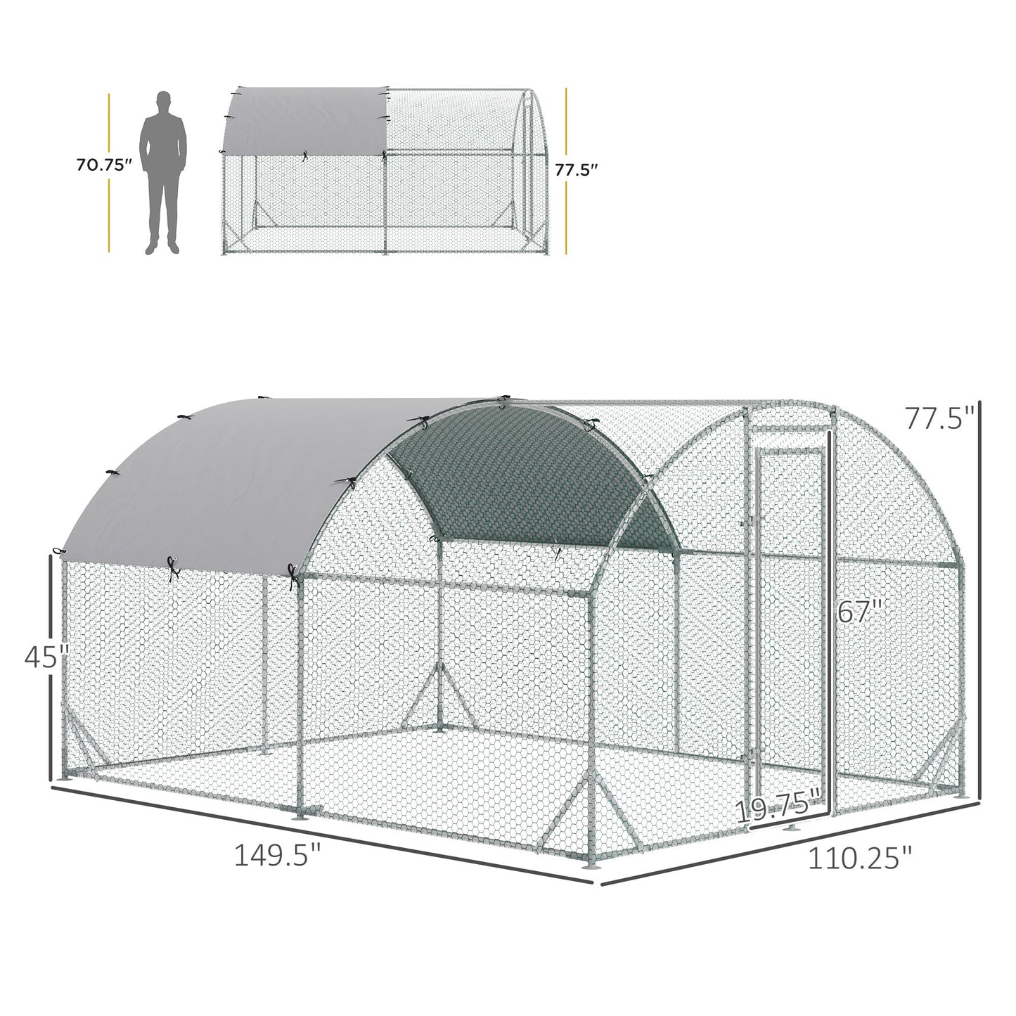 Galvanized Metal Chicken Coop Cage Walk-in Enclosure 9.2' x 12.5' x 6.5' Silver Chicken Coops   at Gallery Canada