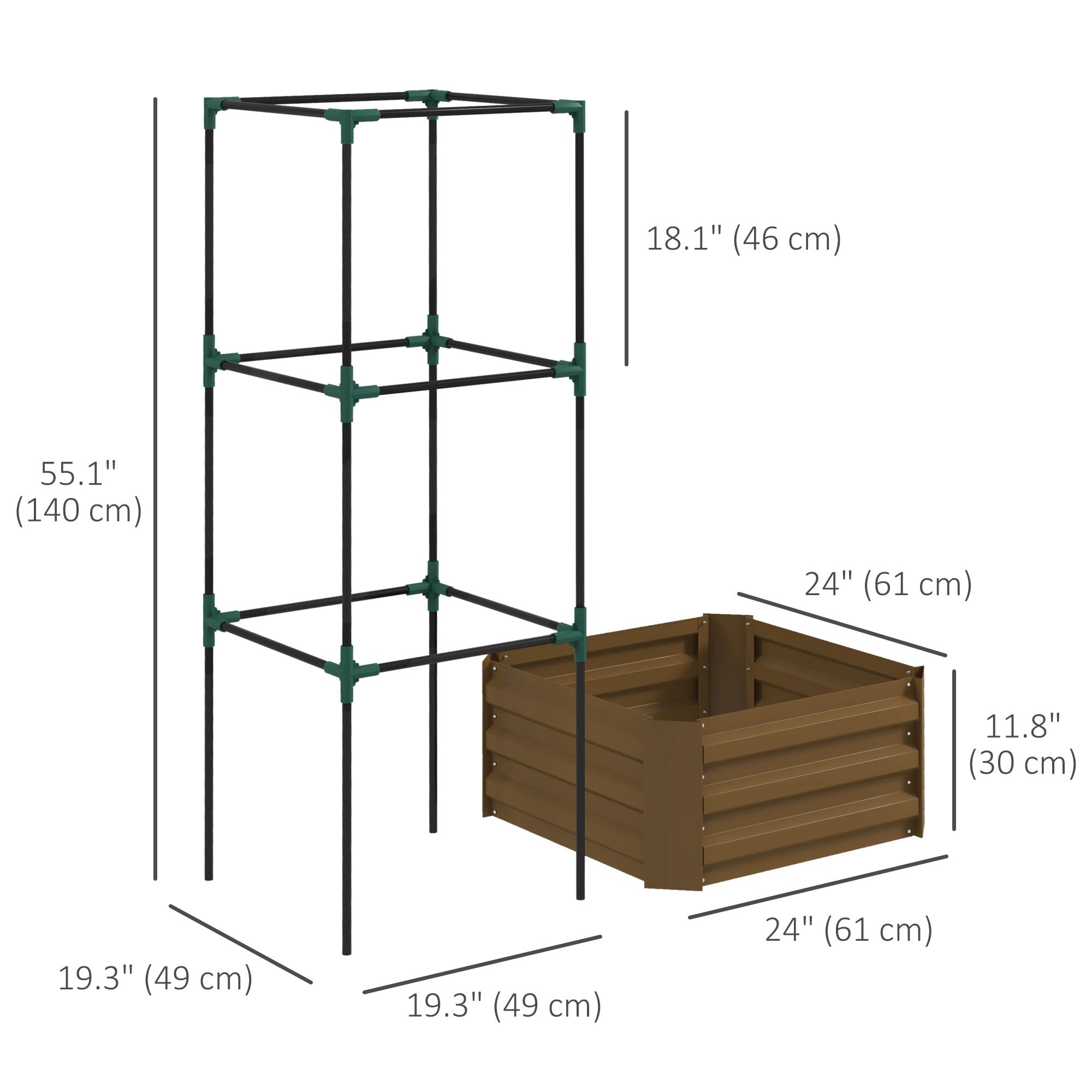 Galvanized Planter Box, Outdoor Raised Garden Bed with 3-Tier Trellis Tomato Cage for Climbing Vines, Vegetables, Brown Galvanized Planter Boxes   at Gallery Canada