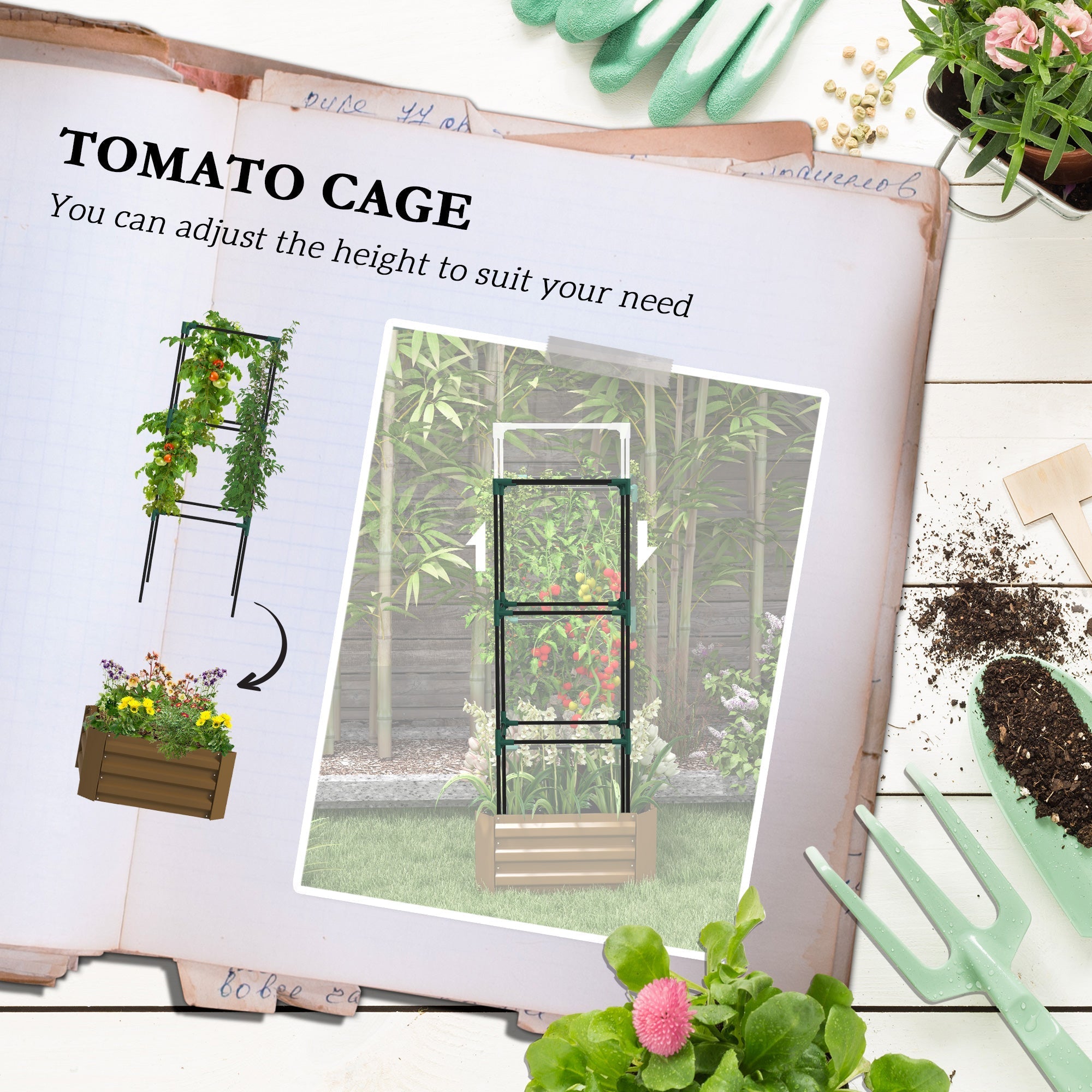 Galvanized Planter Box, Outdoor Raised Garden Bed with 3-Tier Trellis Tomato Cage for Climbing Vines, Vegetables, Brown Galvanized Planter Boxes   at Gallery Canada