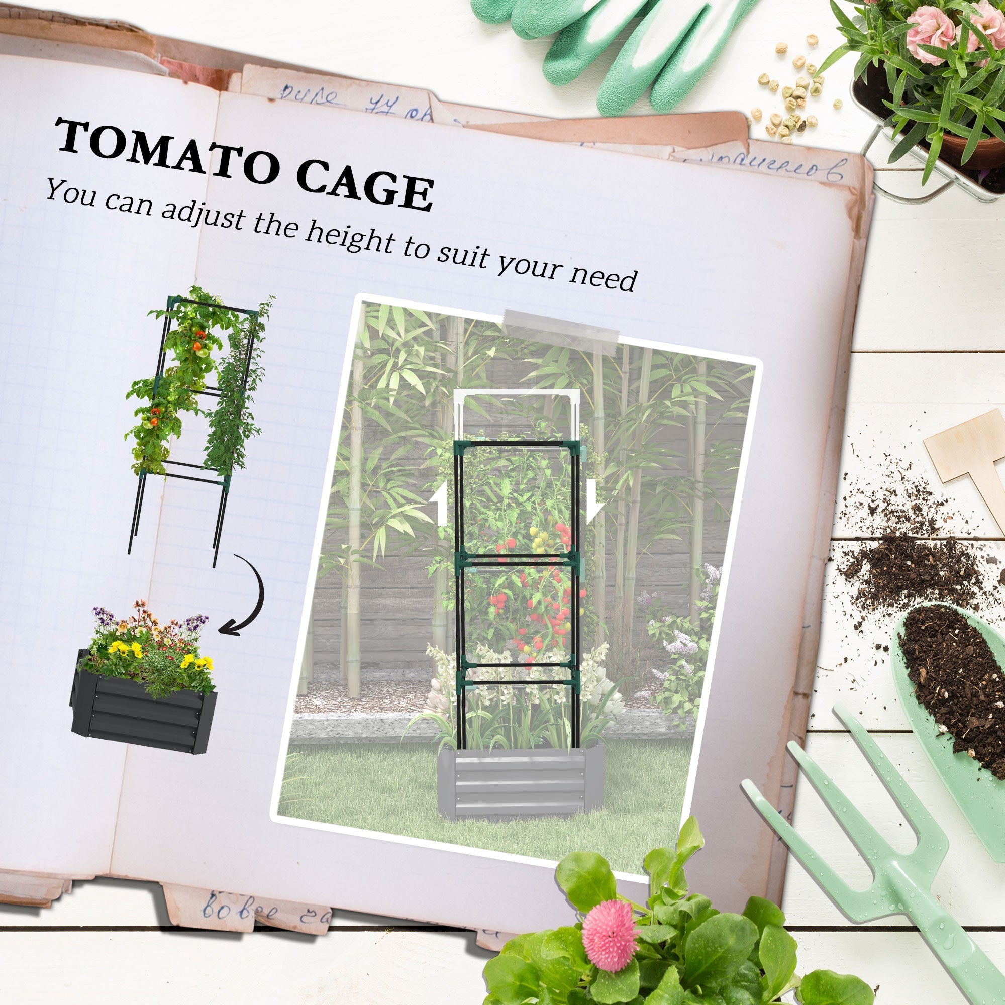 Galvanized Planter Box, Outdoor Raised Garden Bed with 3-Tier Trellis Tomato Cage for Climbing Vines, Vegetables, Grey Galvanized Planter Boxes   at Gallery Canada