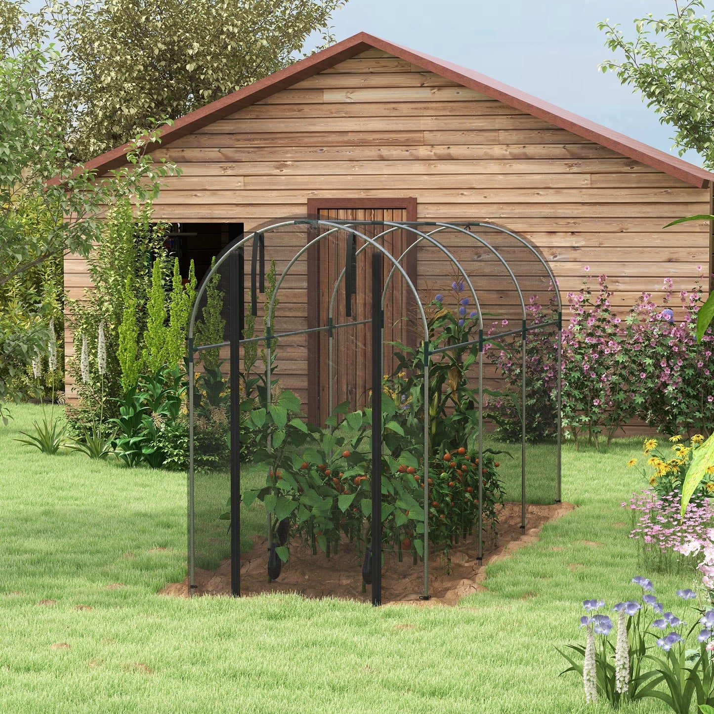 Galvanized Steel Crop Cage, Plant Protection Tent with Zippered Door, 4' x 12', Black Walk In Greenhouses   at Gallery Canada