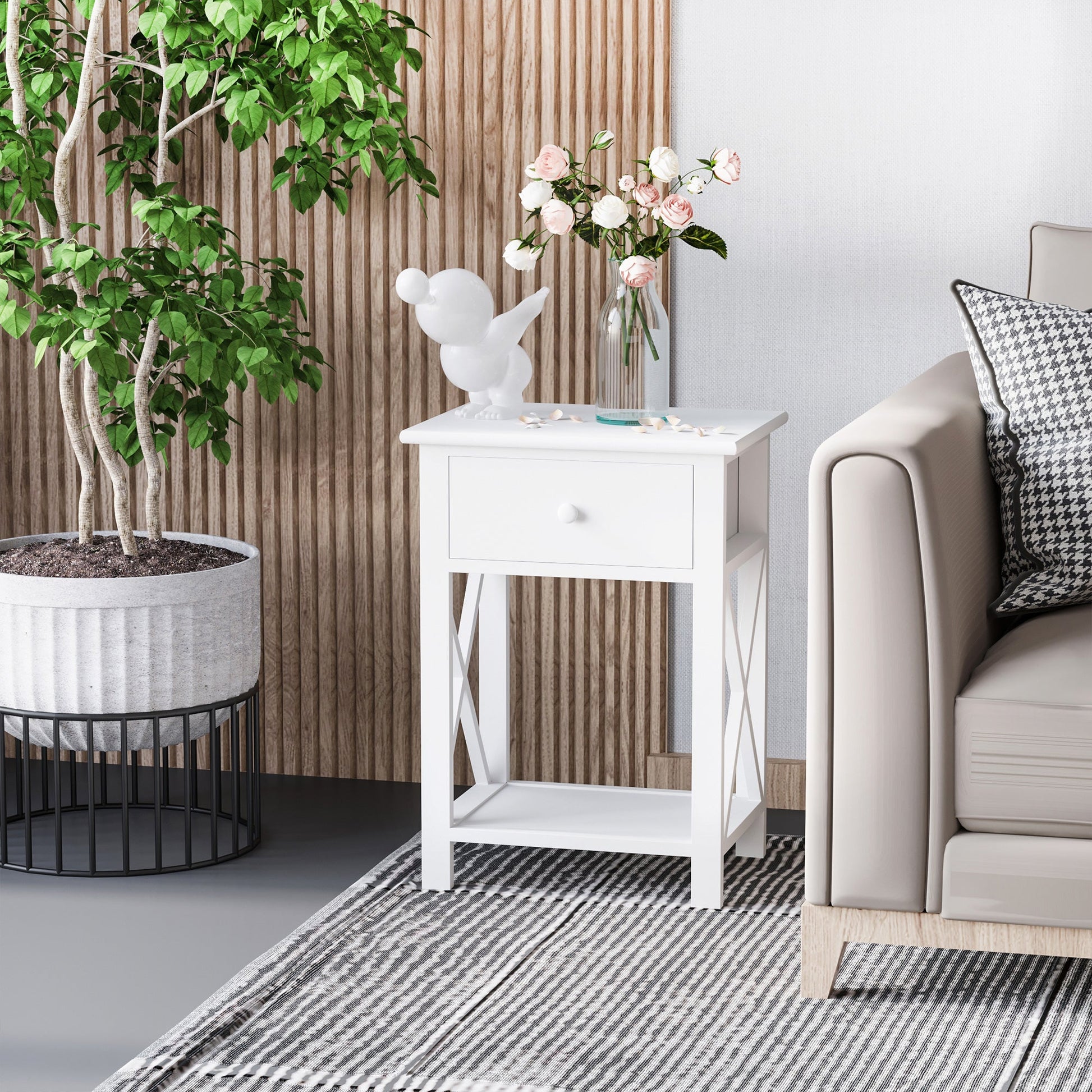 Wooden End Table Bedroom Nightstand Coffee Table Open Cabinet w/ Drawer and Shelf White Side Tables   at Gallery Canada