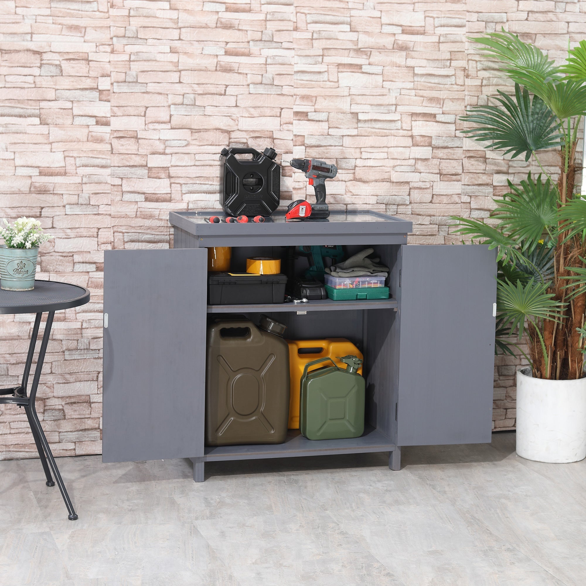 Garden Storage Cabinet, Outdoor Tool Shed with Galvanized Top and Two Shelves for Yard Tools or Pool Accessories, Grey Sheds   at Gallery Canada