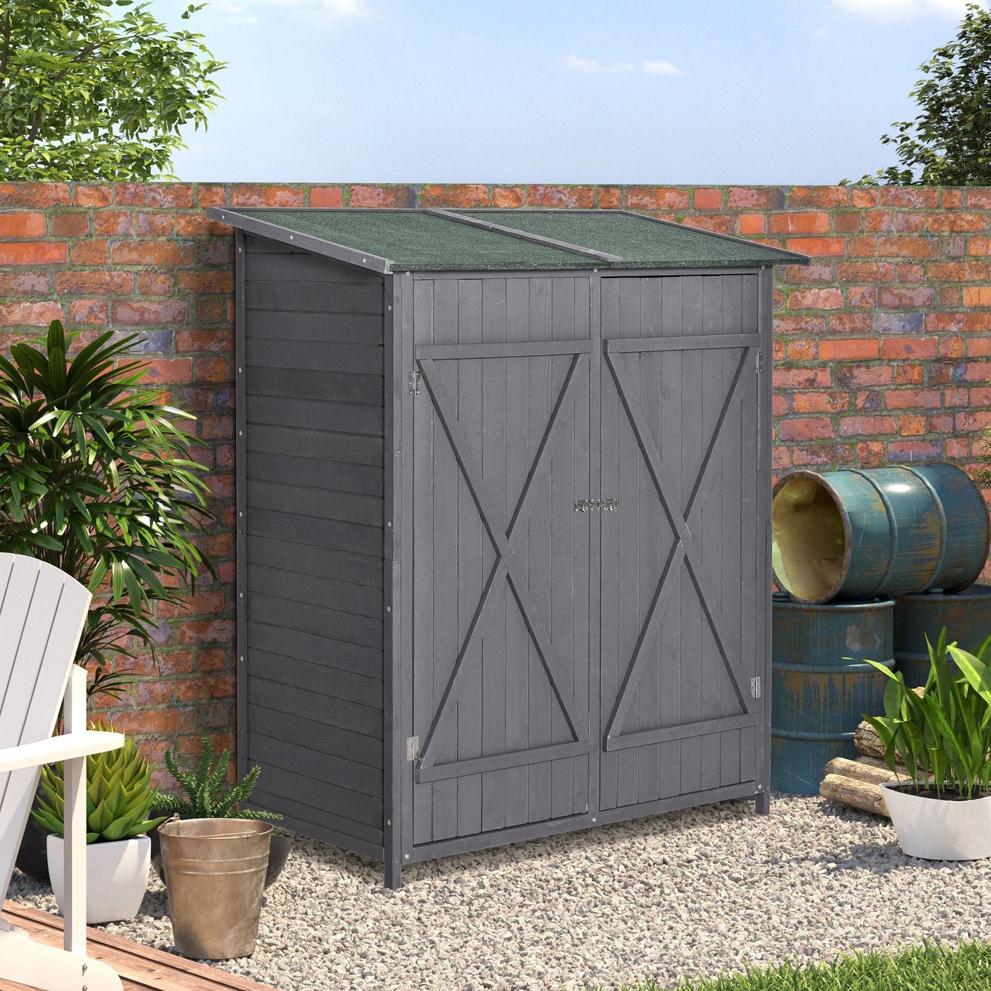 Garden Storage Shed Asphalt Roof Wooden Timber Double Door Utility Storage House with Shelf, Green and Grey Sheds   at Gallery Canada