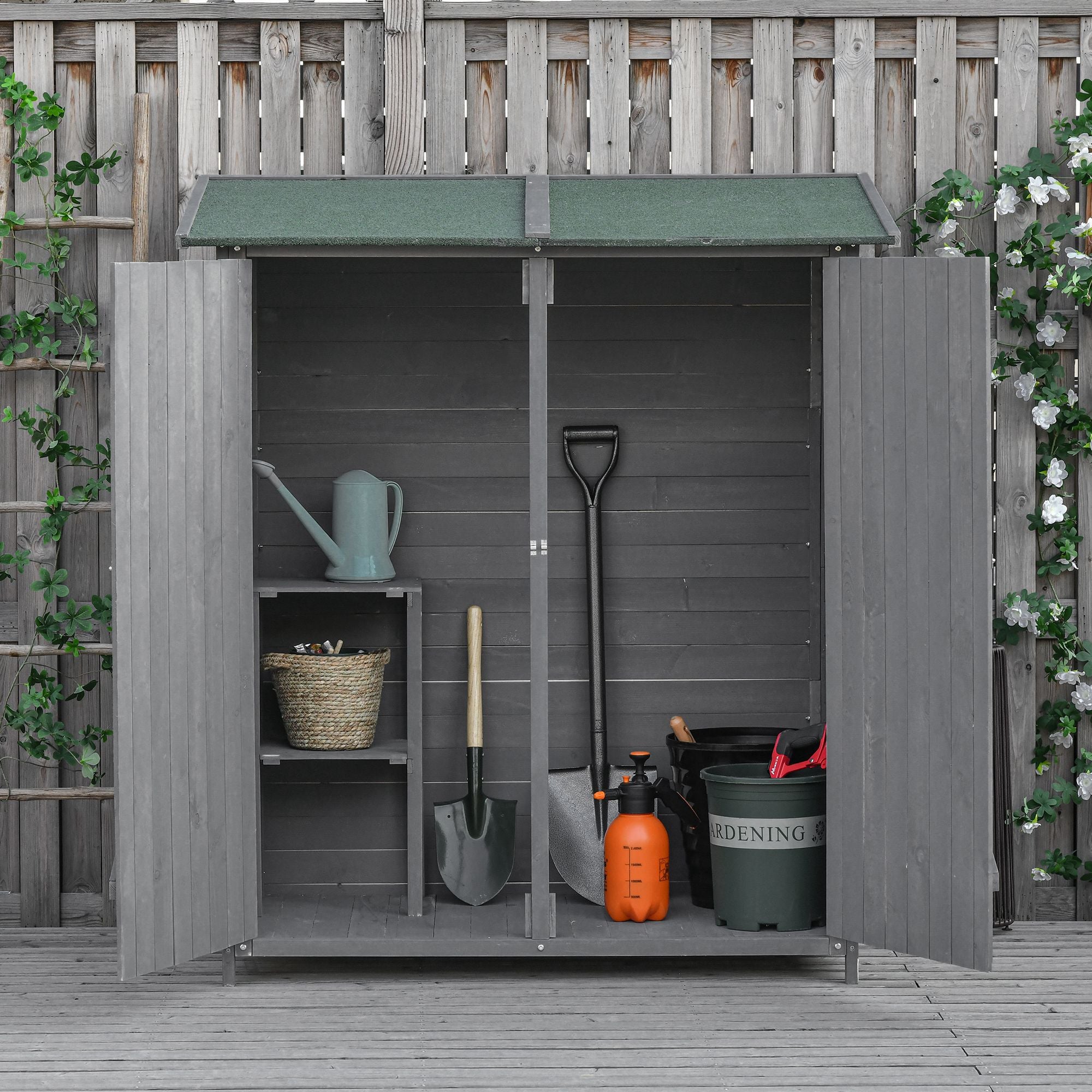 Garden Storage Shed Asphalt Roof Wooden Timber Double Door Utility Storage House with Shelf, Green and Grey Sheds   at Gallery Canada