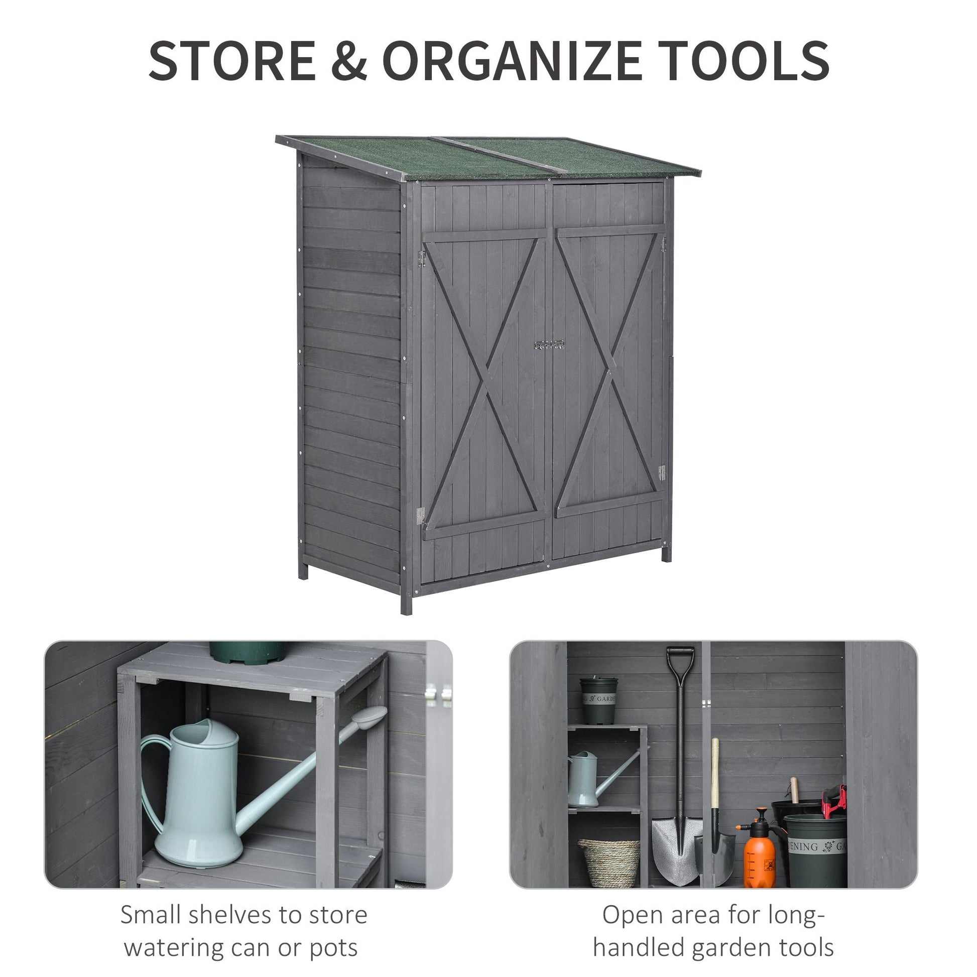 Garden Storage Shed Asphalt Roof Wooden Timber Double Door Utility Storage House with Shelf, Green and Grey Sheds   at Gallery Canada